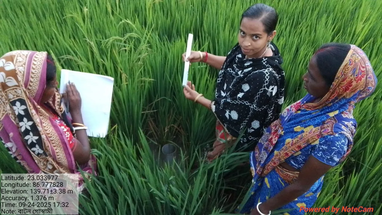 Women farmers measuring the water level using pipe