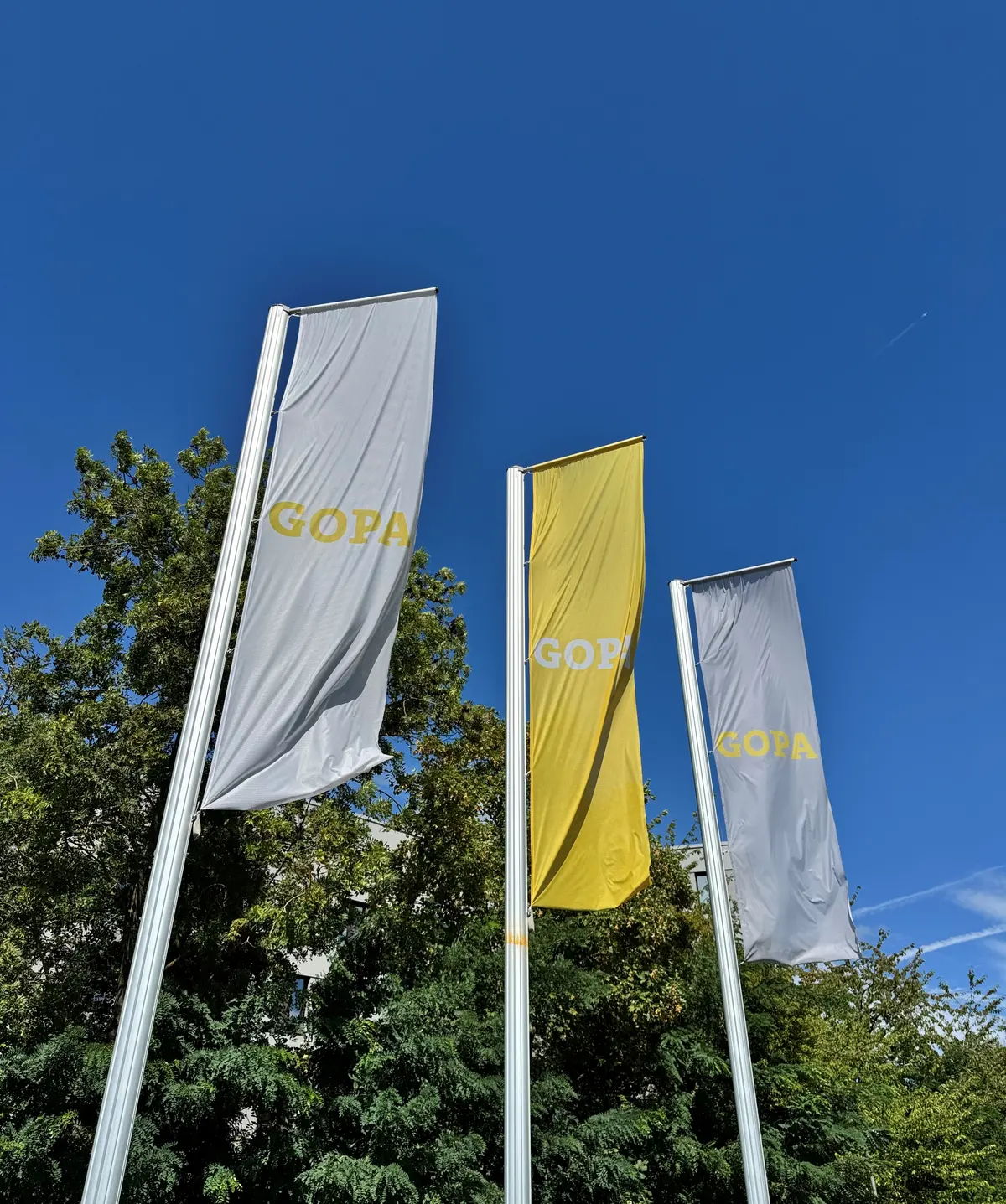 Three GOPA flags flying outside the group headquarters in Bad Homburg against a clear blue sky.